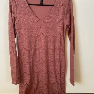 Elegant Lace Long Sleeve Dress in Dusty Red